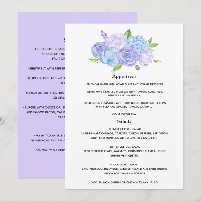 Menu Hydrangea Blue et Lavender Mariage clair (Devant / Derrière)