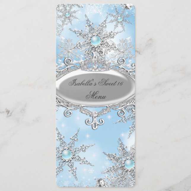 Menü Icy Blue Princess Winter Wonderland Sweet 16 Menükarte (Vorderseite)
