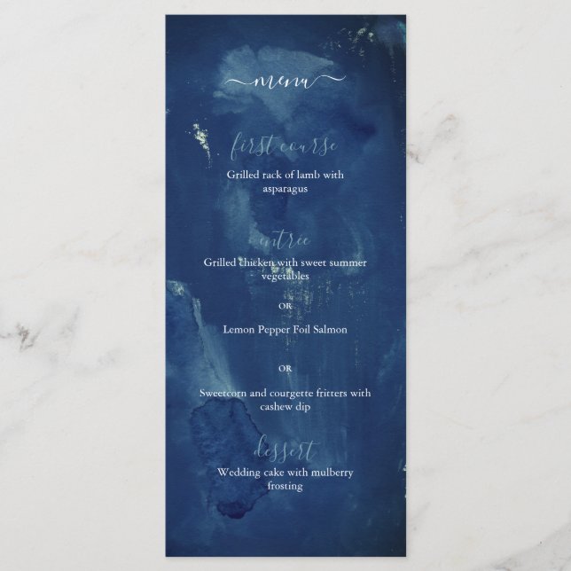 Menu Indigo Blue Watercolor Mariage élégant (Devant)