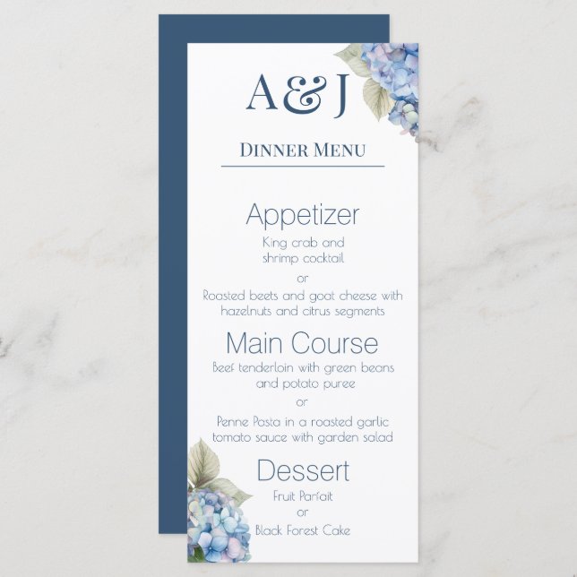 Menu Initiales de monogramme Fleurs de hortensia bleues (Devant / Derrière)