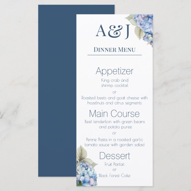Menu Initiales de monogramme Fleurs d'hortensia bleues (Devant / Derrière)