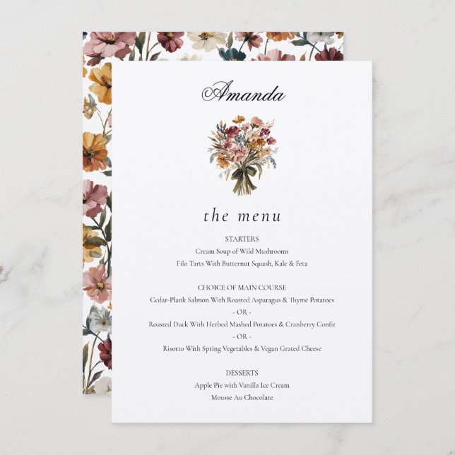 Menu Invité personnalisé Nom d'automne Fleurs Mariage (Devant / Derrière)