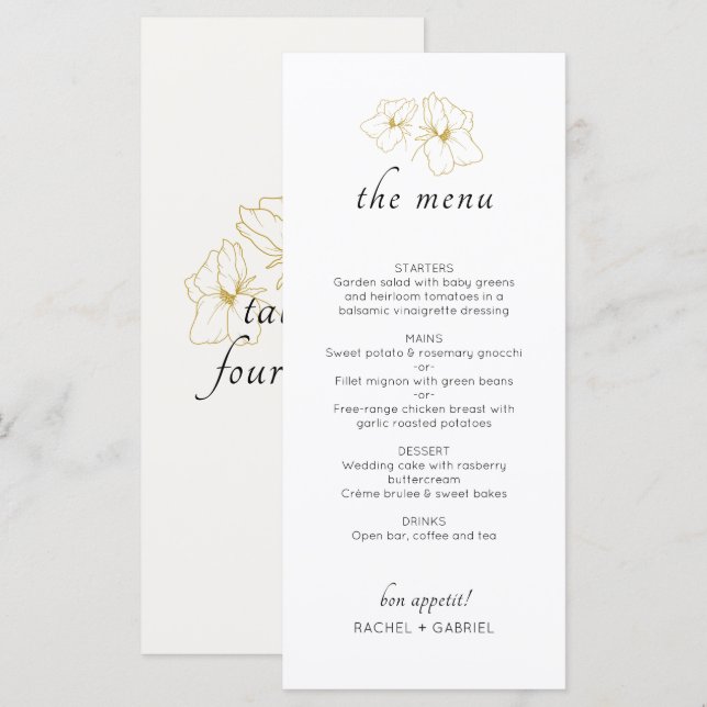 Menu Ivoire et blanc | Chic Faux Gold Floral Mariage (Devant / Derrière)