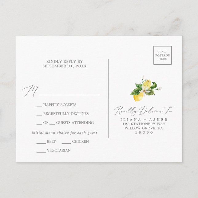 Menu Jardin de citron moderne Carte postale RSVP (Dos)