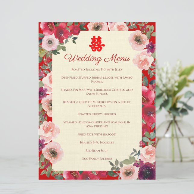 Menu Jardin fleuri rouge mariage chinois (Debout devant)