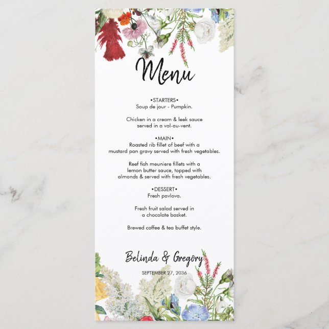 Menu Jardin Floral Fleurs colorées Mariage (Devant)