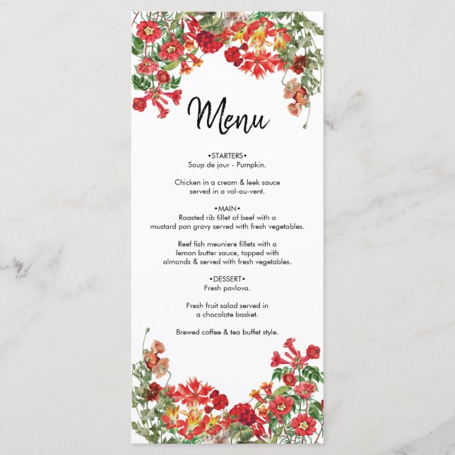 Menu Jardin Floral Rouge Mariage de fleurs botaniques (Devant)
