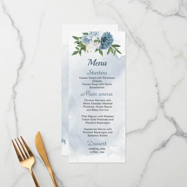 Menu joli bleu blanc fleurs verdure mariage (Devant/Arrière en situation)