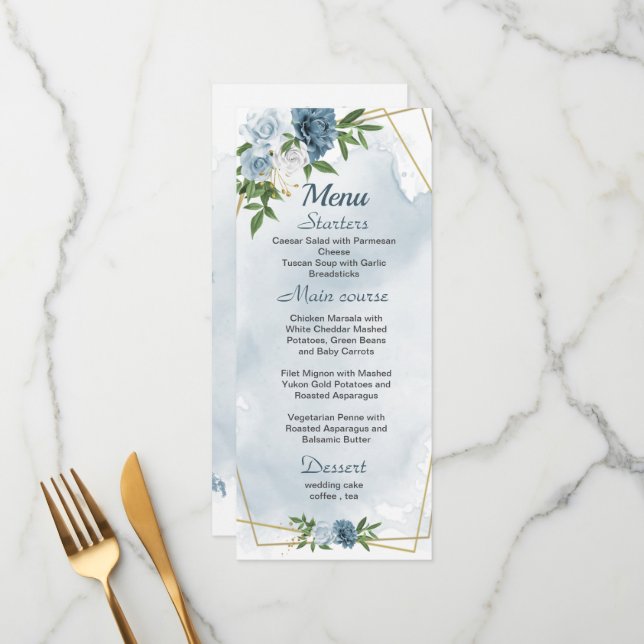 Menu joli bleu blanc fleurs verdure mariage (Devant/Arrière en situation)