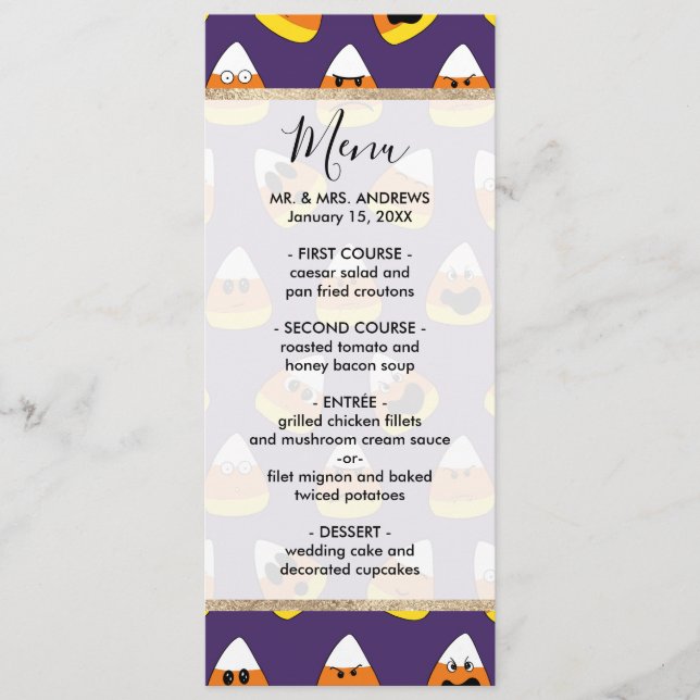 Menu Joli orange violet Halloween Emoji Candy Corn (Devant)