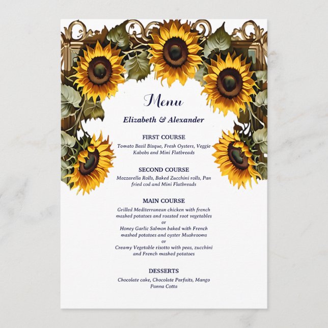 Menu Joli tournesol jaune avec cadre d'art mariage (Devant)