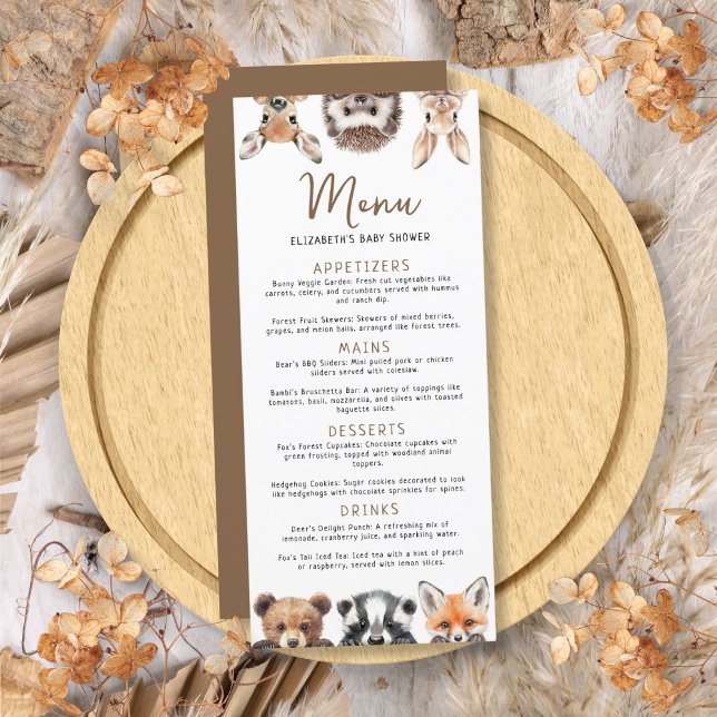 Menu Jote Forest Friends Baby shower d'animaux de bois (Cute Forest Friends Woodland Animals Baby Shower Menu)