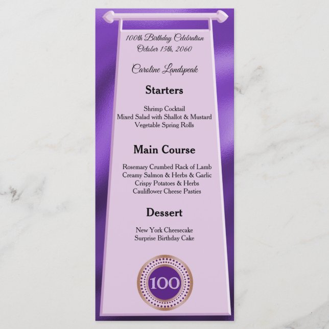 Menu Joyeux 100e anniversaire Purple Parties scintillan (Devant)