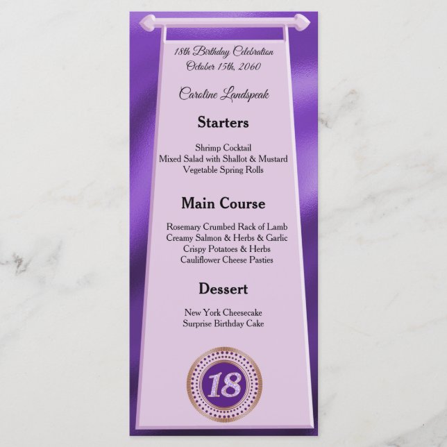 Menu Joyeux 18e anniversaire Purple Parties scintillant (Devant)