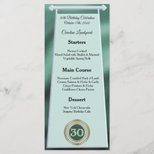 Menu Joyeux 30e anniversaire Parties scintillant verte 