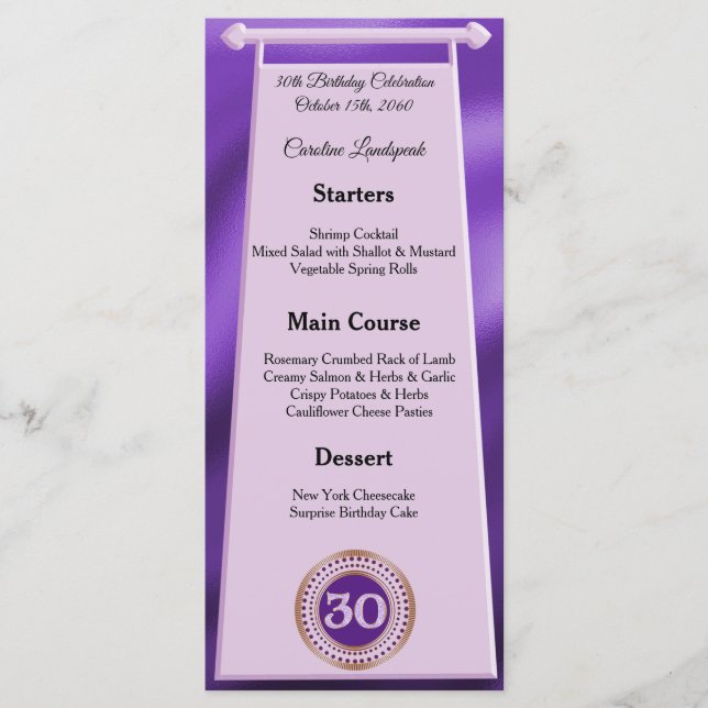 Menu Joyeux 30e anniversaire Purple Parties scintillant (Devant)