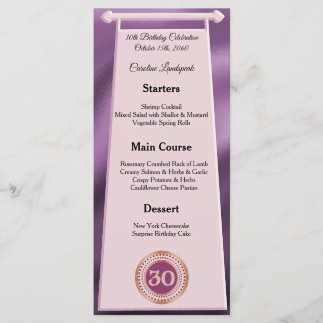 Menu Joyeux 30e anniversaire Rose Parties scintillant o (Devant)