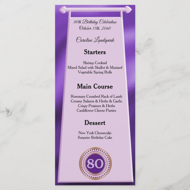 Menu Joyeux 80e anniversaire Purple Parties scintillant (Devant)