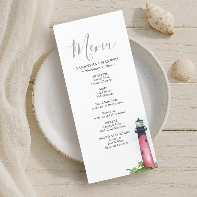 Menü-Karte des Beach Wedding Empfang Lighthouse Menükarte (Beach wedding in Florida features watercolor Jupiter lighthouse menu card by Victoria Grigaliunas)