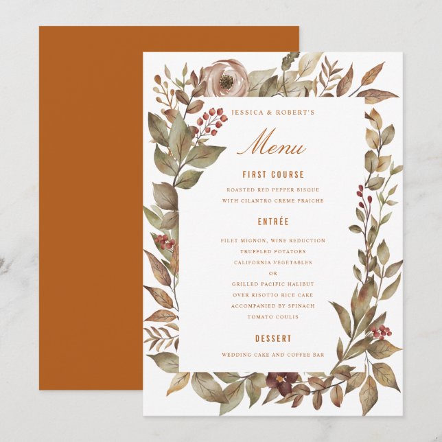 Menü-Karte für die Rose-Rust-Hochzeit im Herbst Menükarte (Vorne/Hinten)