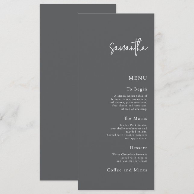 Menü-Karte für Hochzeiten mit Gast, grau Einladung (Vorne/Hinten)