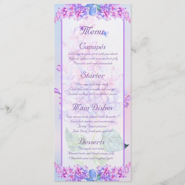 Menü-Karte für Lila Lilac-Blume Menükarte (Vorderseite)
