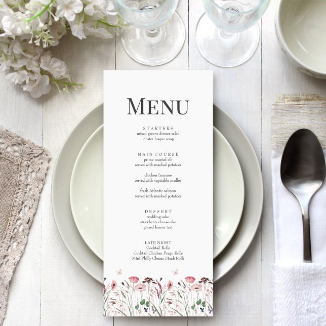 Menü-Karte für rosa Mohnbläschen Menükarte (Pink Poppy Meadow Wedding Menu Card on a boho white wedding table)