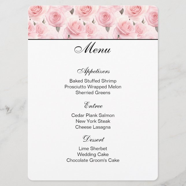 Menü-Karte für Rosen in Rosa Menükarte (Vorderseite)