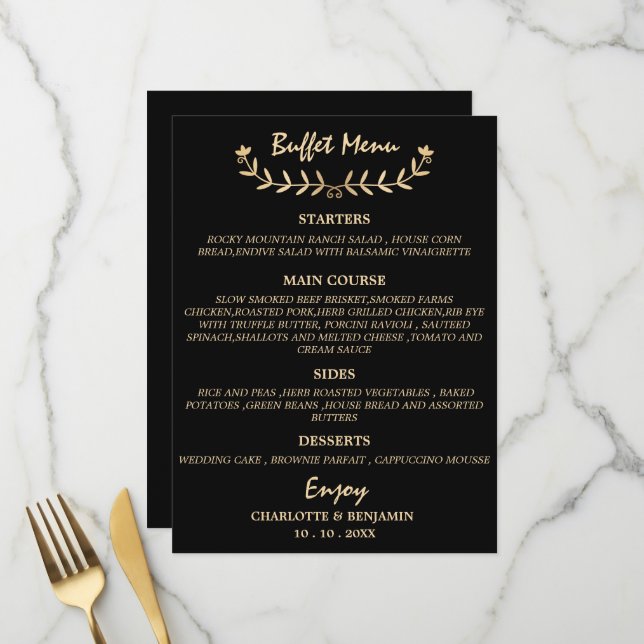 Menü-Karte für Schwarz-Gold-Hochzeitsbuffets Menükarte (Vorderseite/Rückseite Beispiel)