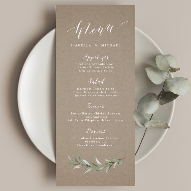 Menu Kraft Simple calligraphie rustique mariage de verd (Kraft Simple calligraphy rustic greenery wedding Menu)