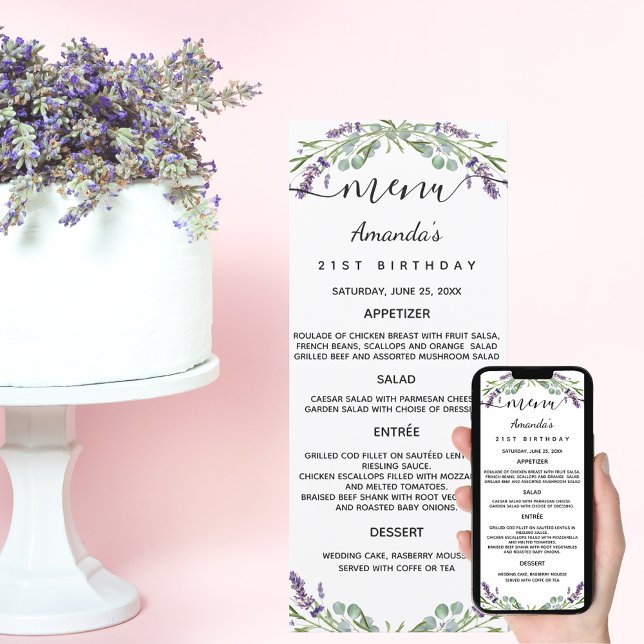 Menu lavender violet eucalyptus Geburtstagskarte Einladung (Von Creator hochgeladen)