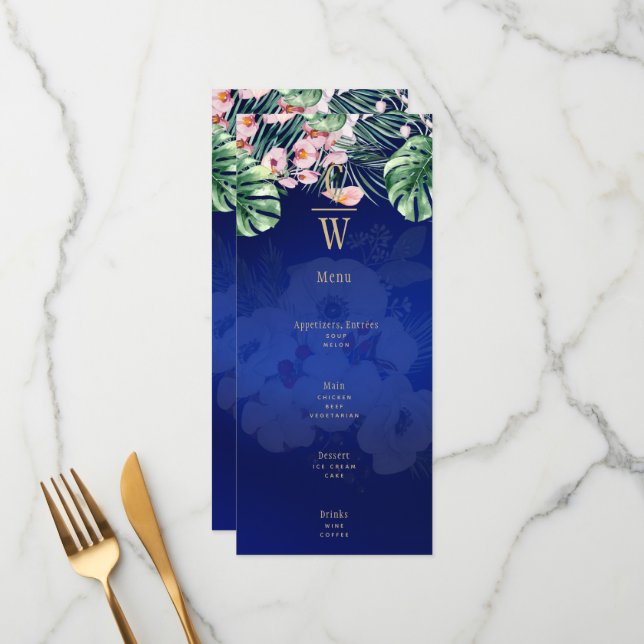 Menu LeahG Mariage floral bleu vert tropical (Devant/Arrière en situation)
