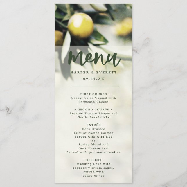 Menu Lemon Grove | Dîner d'été moderne jaune et vert (Devant)