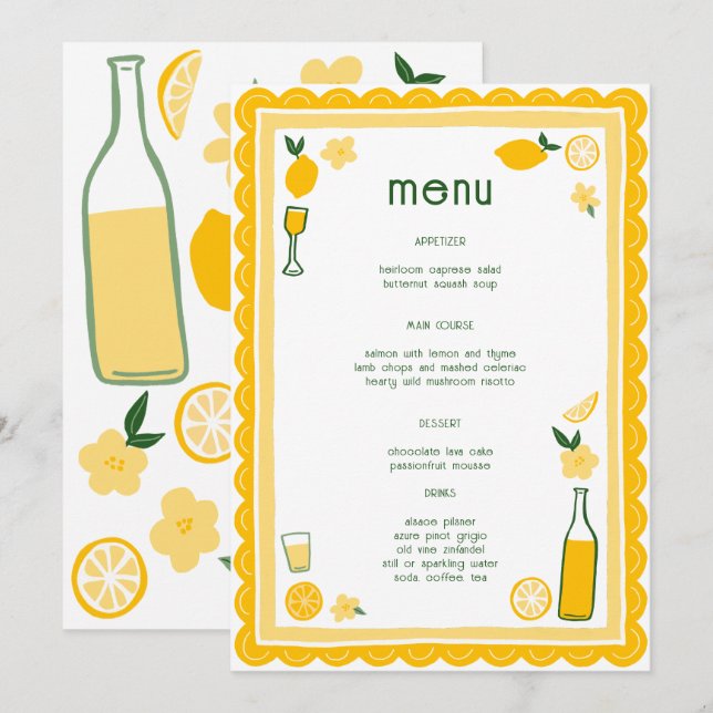 Menu Limoncello Lemonade Lemons Fête des mariées CUSTOM (Devant / Derrière)