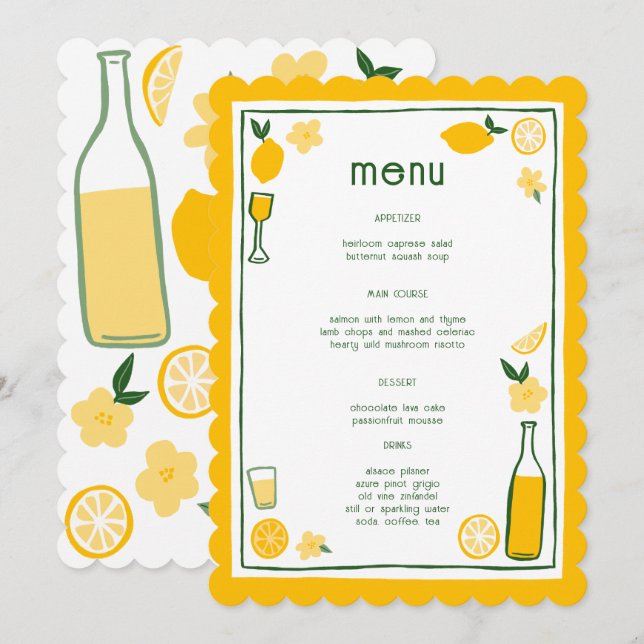 Menu Limoncello Lemonade Lemons Fête des mariées CUSTOM (Devant / Derrière)
