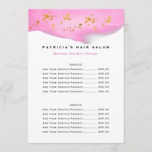 Menu Liste de prix Blush Pink And Gold Parties scintill