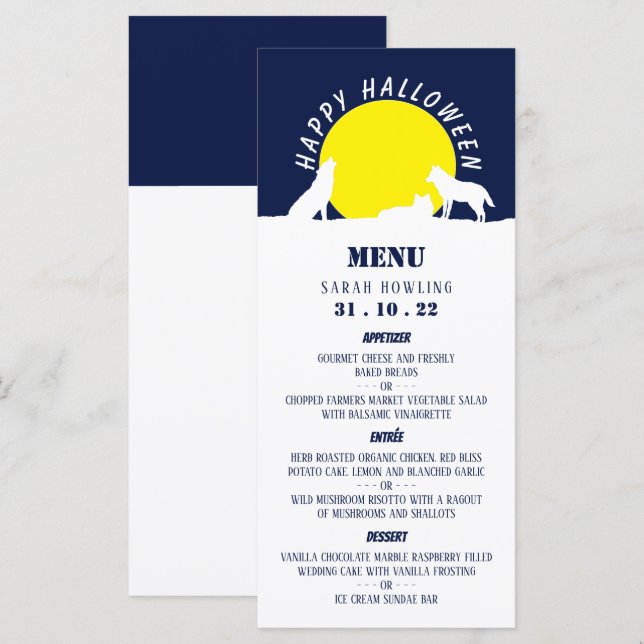 Menu Loups au clair de lune, Bonne Halloween (Devant / Derrière)