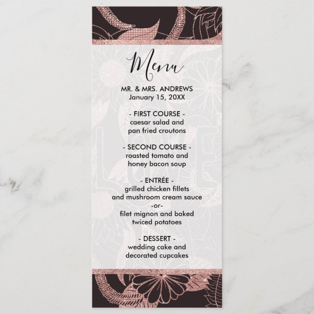 Menu Love Rose Gold Parties scintillant Fille Fleurs Mo (Devant)