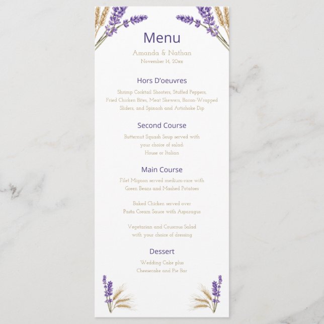 Menu Lovely Lavender & Blé Mariage (Devant)