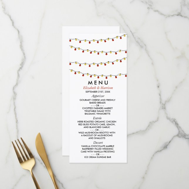 Menu Lumières Modernes à Fils, Mariage Rouge & Or (Devant/Arrière en situation)