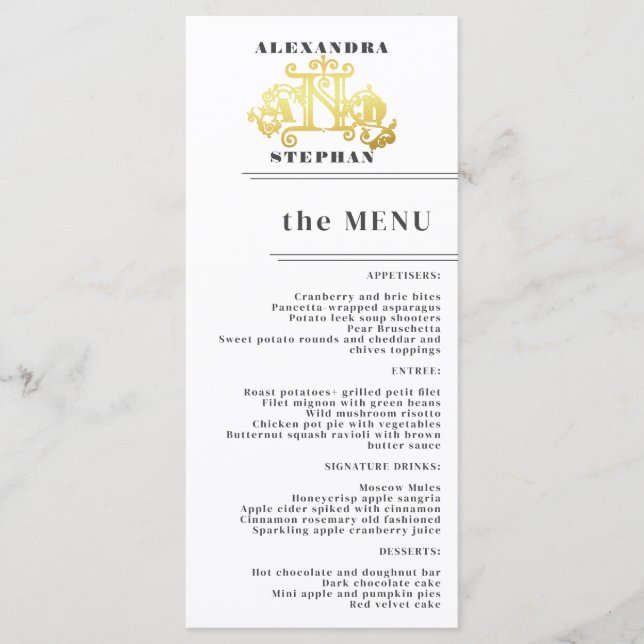Menu Luxe Romantique Flourish Calligraphie Mariage Or (Devant)