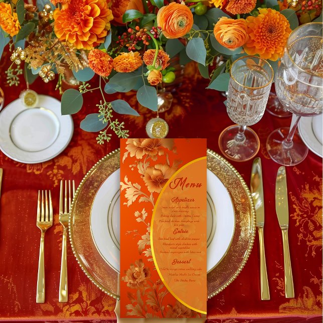 Menu Luxueux Mandarin Orange & Gold Floral Mariage (Stunning Mandarin Orange and Gold Wedding Menu )