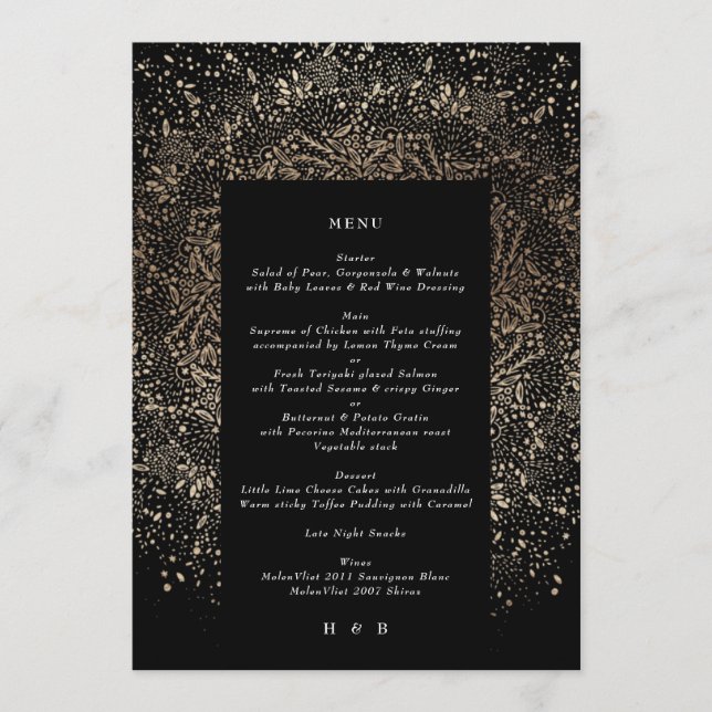 Menu Main Whimsical Formal tiré Mariage noir et or (Devant)