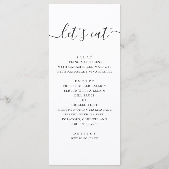 Menu Mangeons. Mariage de script simple en noir et blan (Devant)