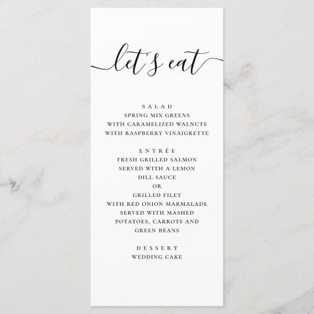 Menu Mangeons. Mariage de script simple en noir et blan (Devant)