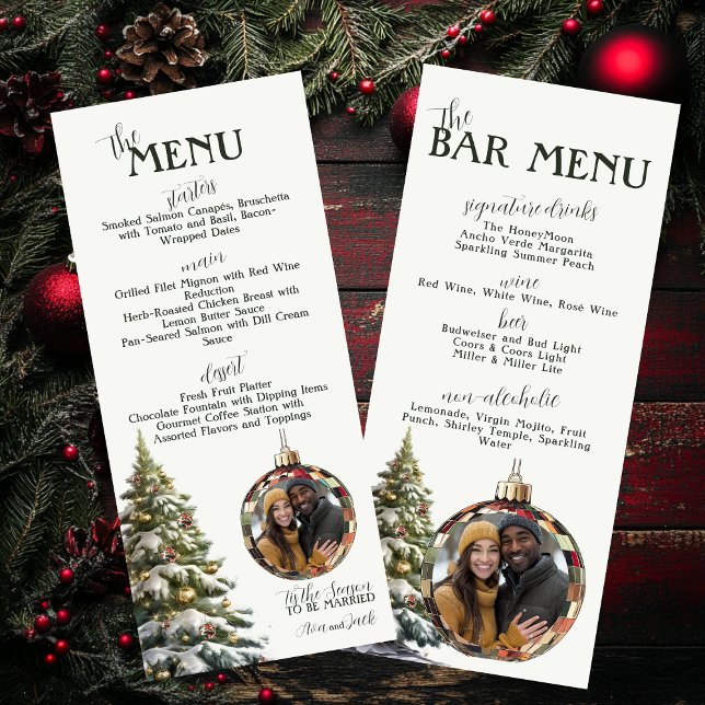 Menu Mangez, buvez et soyez joyeux Mariage de Noël (Wedding Menu & Bar Menu for Christmas Wedding with Personalized Ornament Photo)