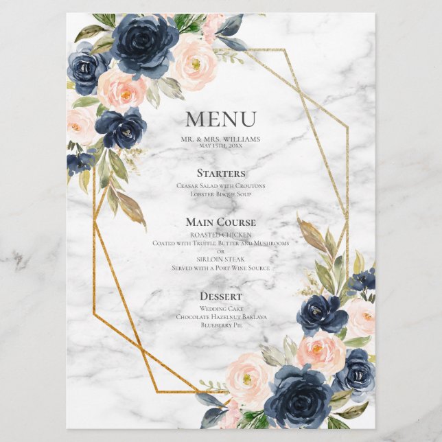Menu Marbre bleu bleu marine Mariage géométrique floral (Devant)