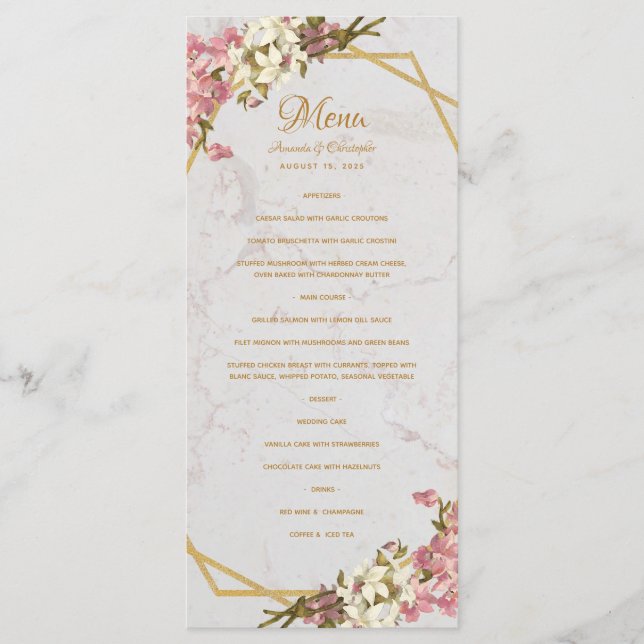 Menu Marbre géométrique floral Mariage or et orchidées (Devant)