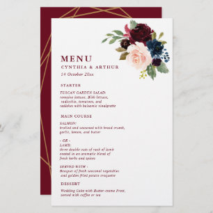 menu mariage à fleurs d'aquarelle bordeaux