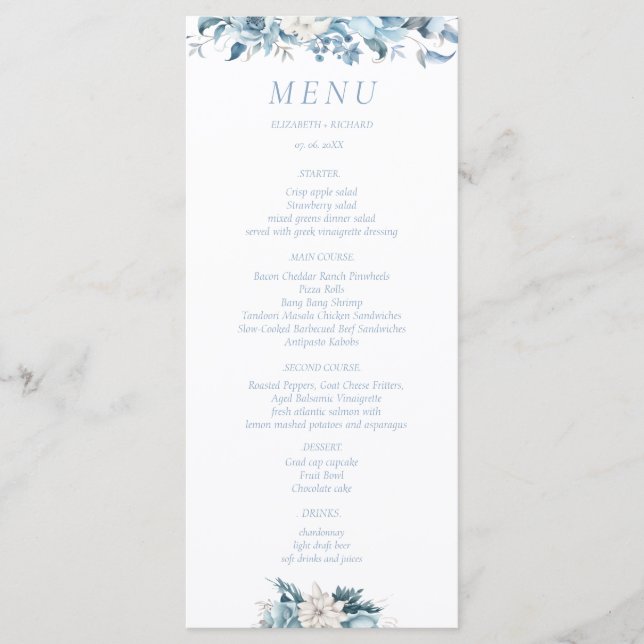 Menu Mariage à fleurs de printemps bleu bleu marine Dus (Devant)